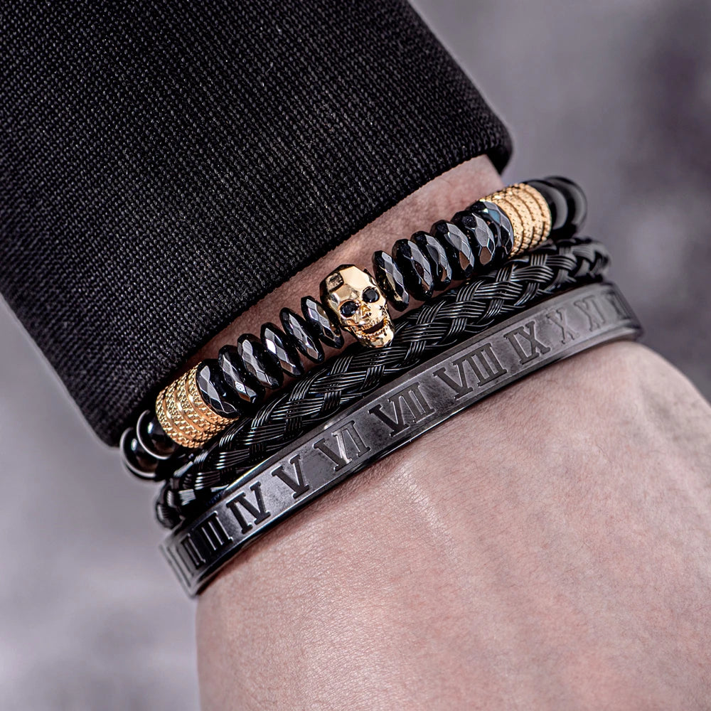 Men's Luxury Hematite Hand Made Bead 3 Piece Skull Head Hip Hop Luxury Bracelet Sets
