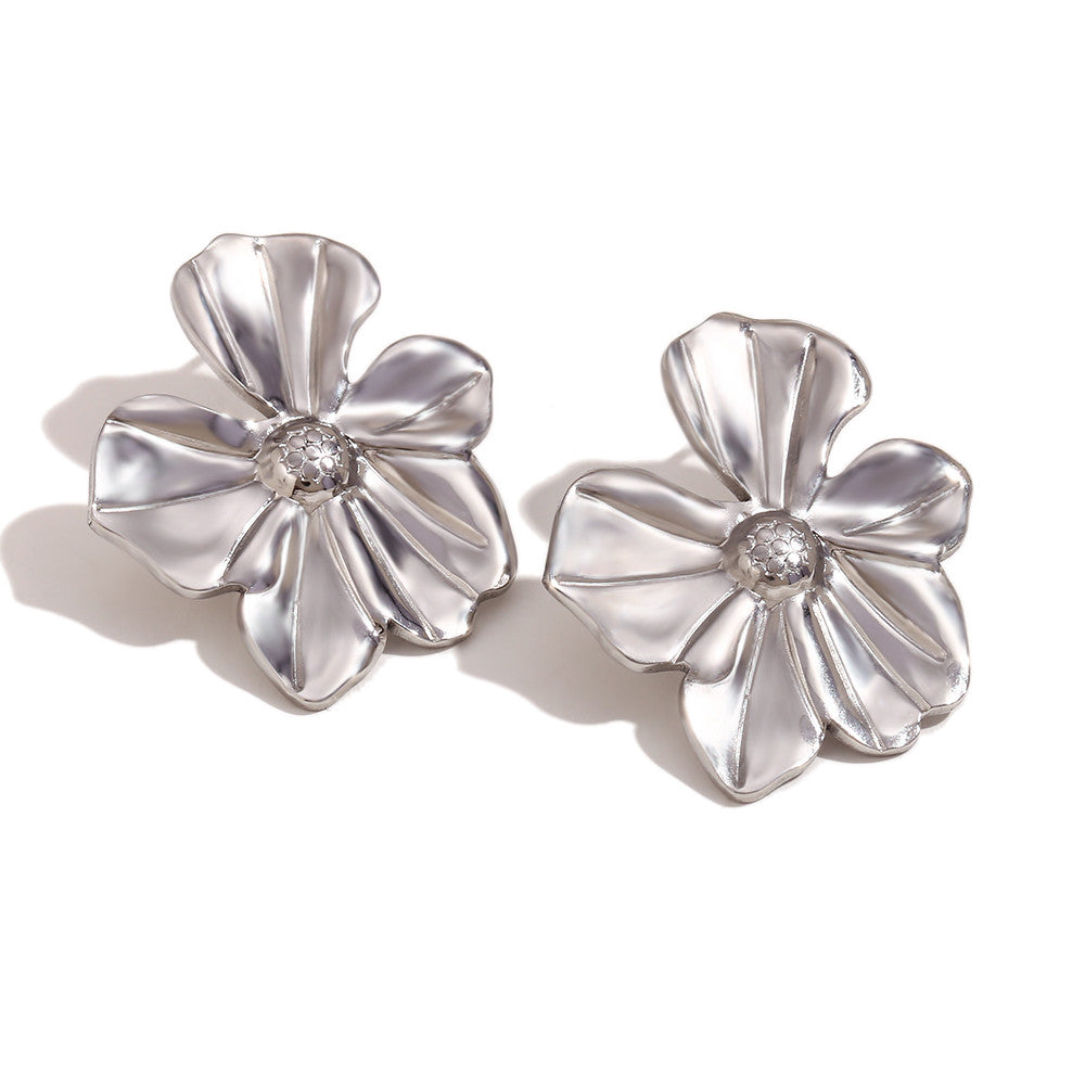 18k Gold No Tarnish Stainless Steel Five Petal Flower Large and Small Earrings