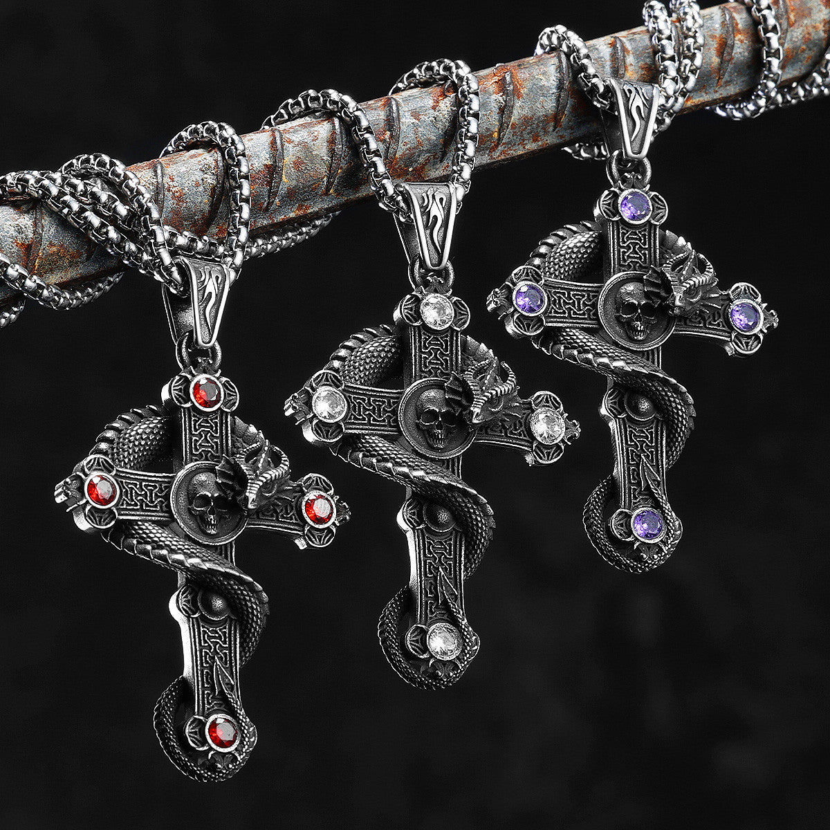 Skull Serpent Cross | 316L Shadow Skull No Fade Stainless Steel Gemstone Cross Pendant