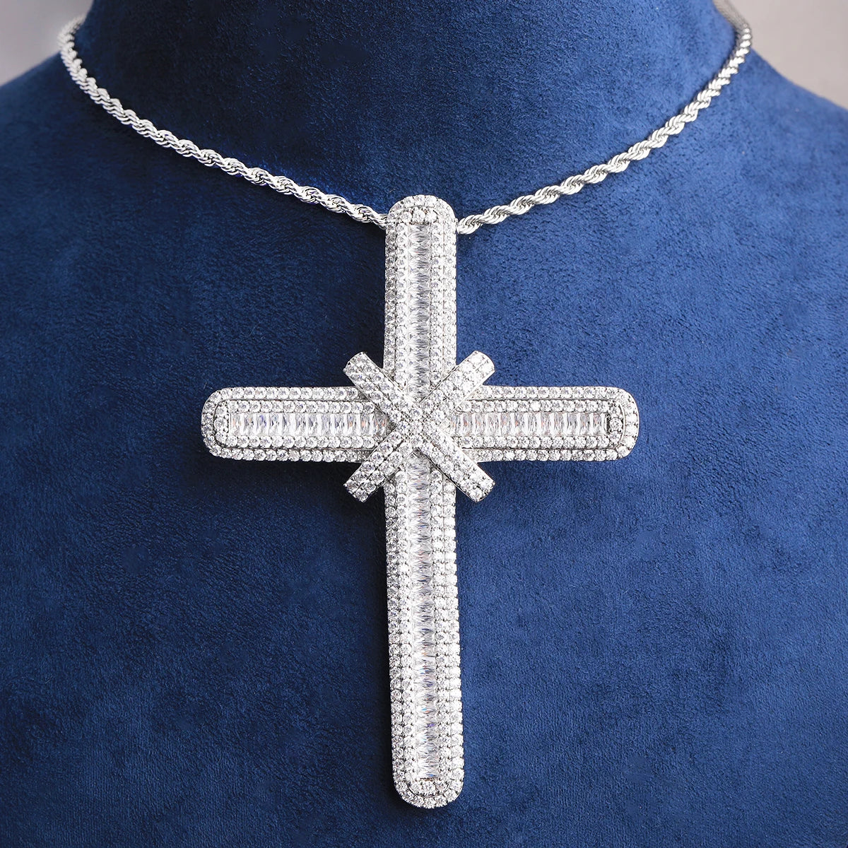 The Ribbon Cross | Iced Blinged Out Baguette VVS Diamond CZ Pendant