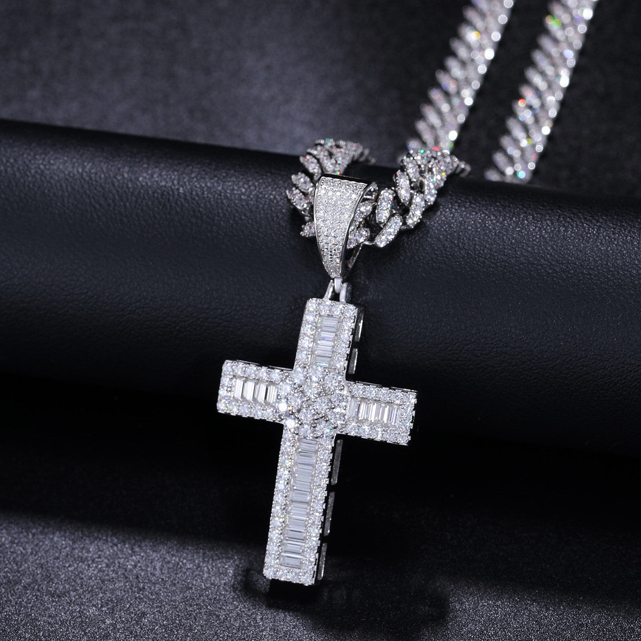 Baguette Iced Cross | Moissanite Diamond Centerstone Solid Silver Hip Hop Pendant