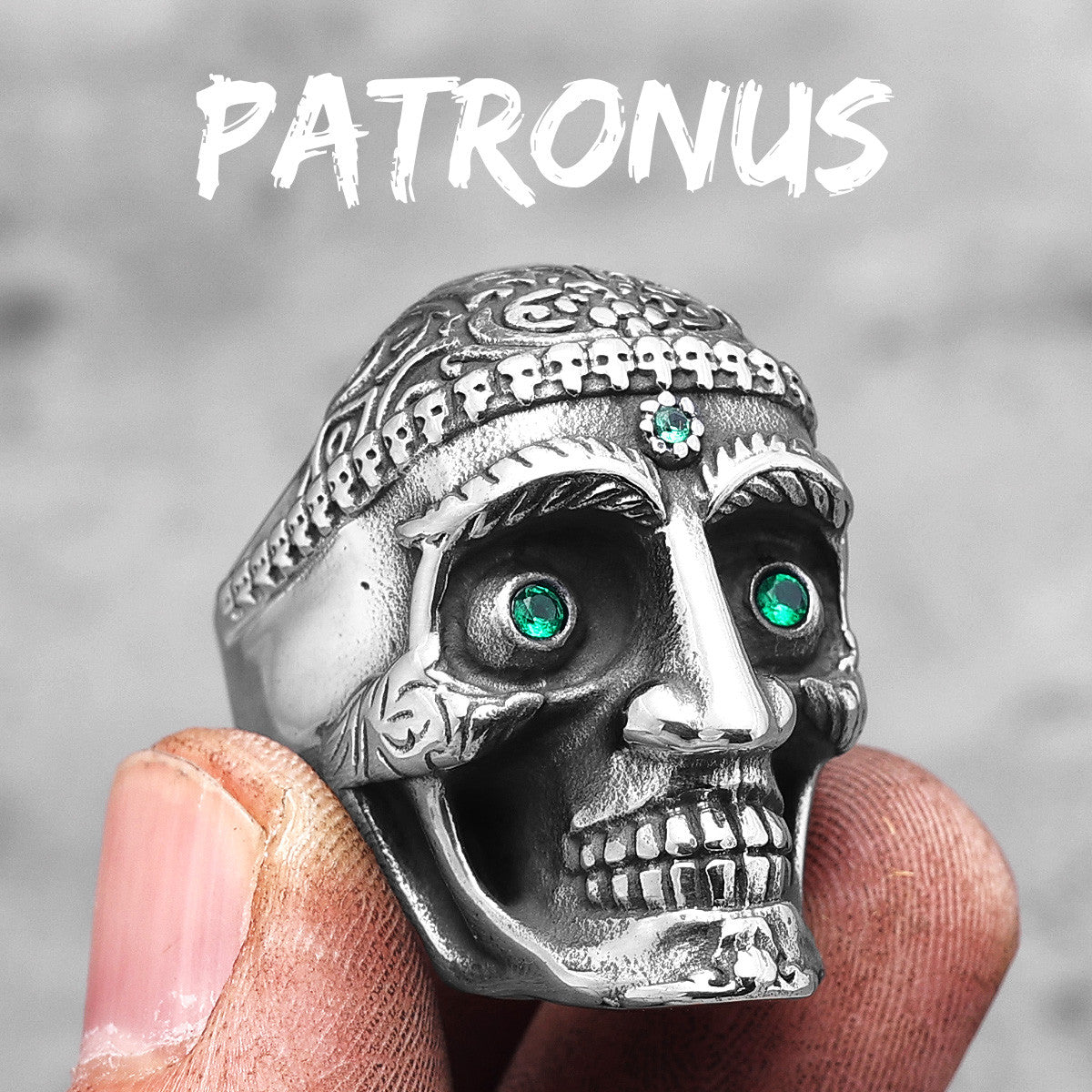 Mens Stainless Steel Carved Gemstone Crystal Skull Bling Street Wear Rings