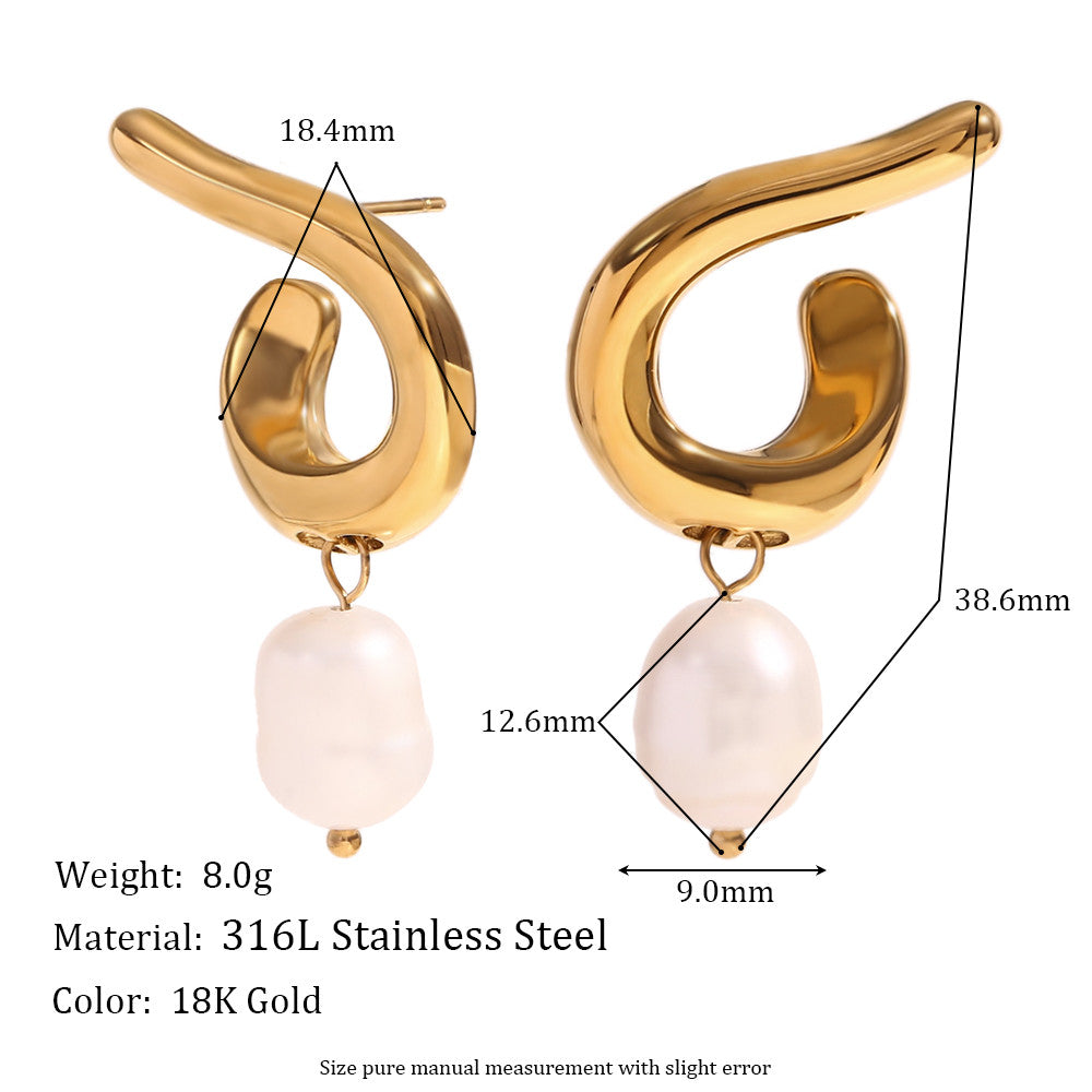 Ladies 316L Stainless Steel 18k Gold Waterproof Curved Hook Pearl Pendant Earrings