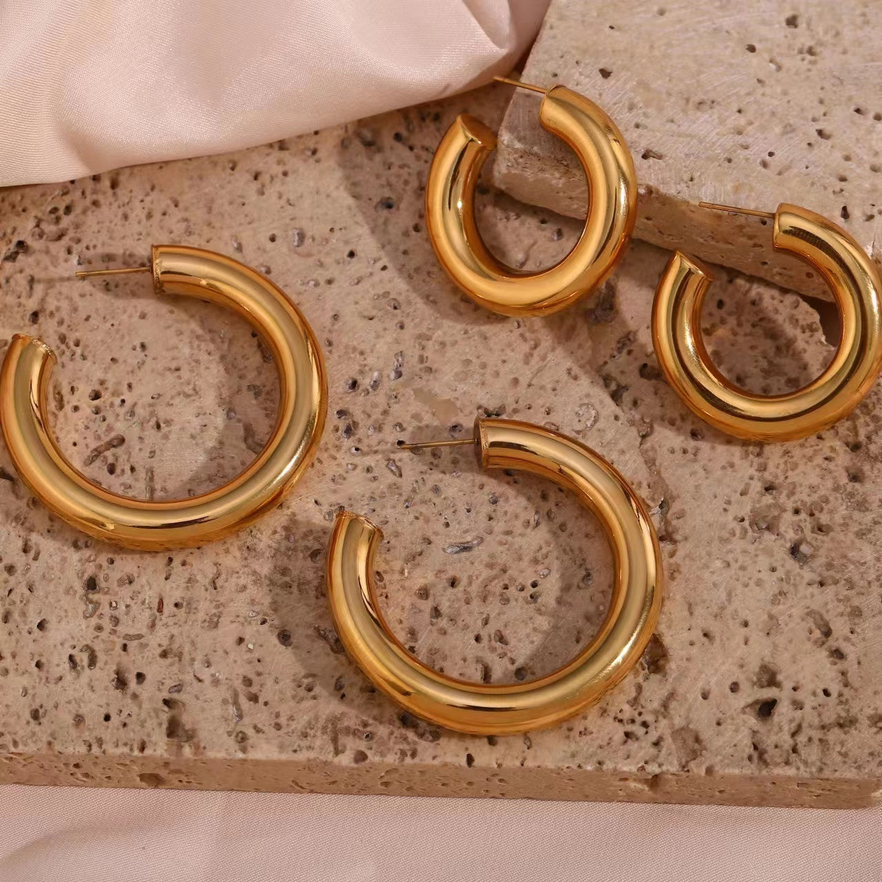 36MM 50MM 18K Gold Waterproof Stainless Steel Hypoallergenic Hollow Hoop Earrings