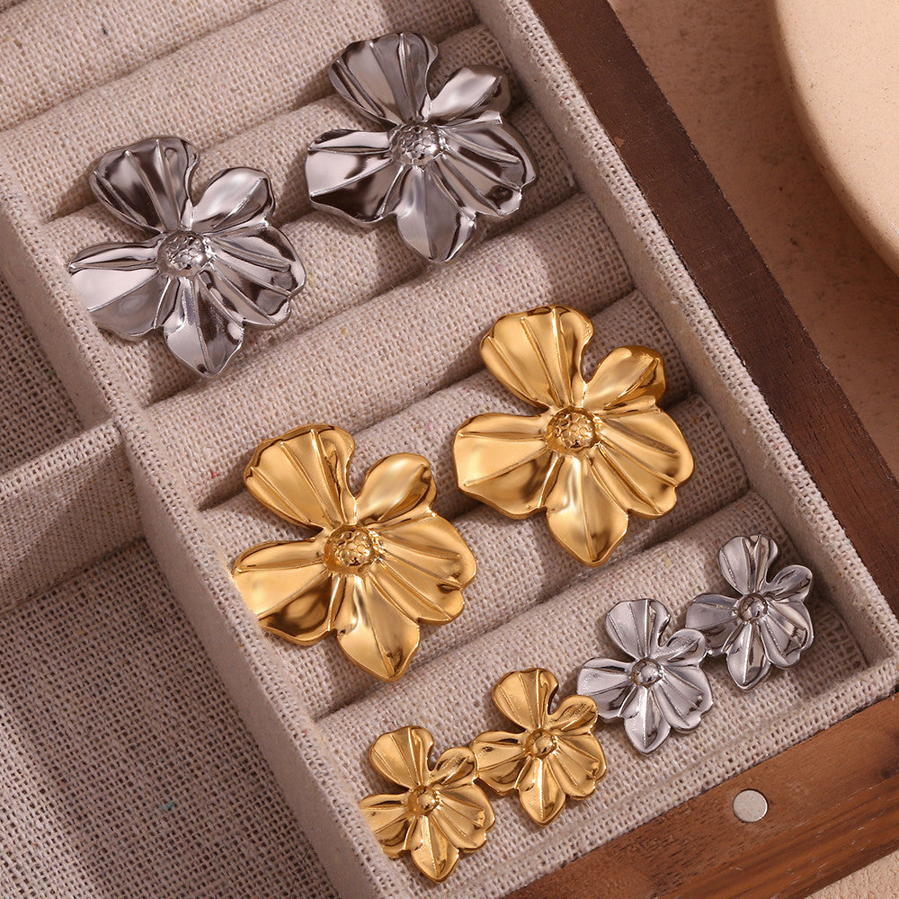 18k Gold No Tarnish Stainless Steel Five Petal Flower Large and Small Earrings