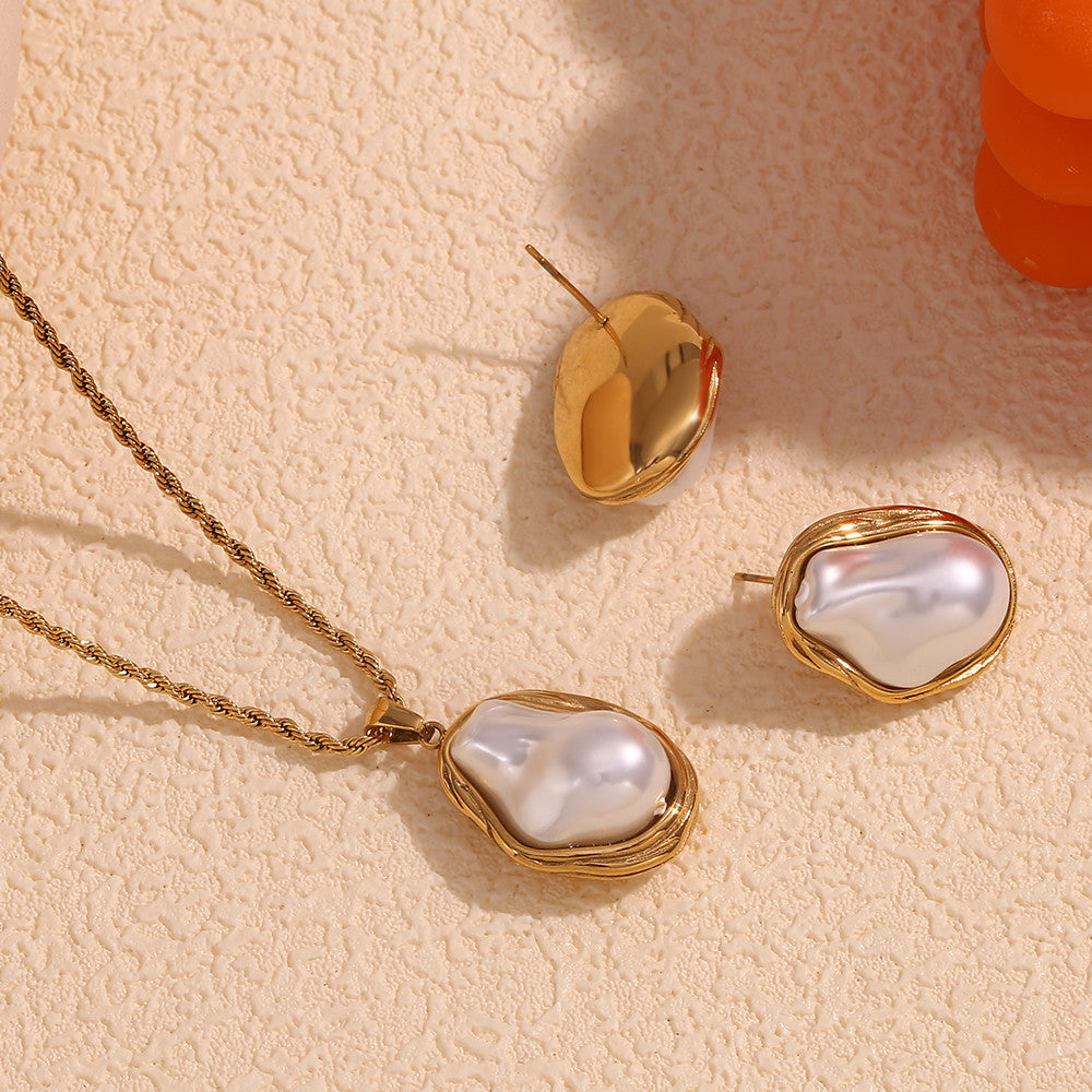 18k Gold Over Solid Stainless Steel Waterproof Imitation Pearl Patterned Earrings