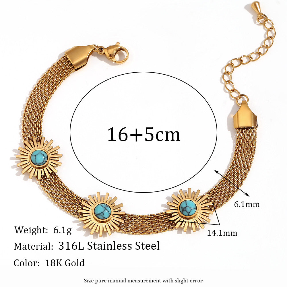 18k Gold Solid Stainless Steel Waterproof Blue Turquoise Sunflower Woven Mesh Chain Bracelet