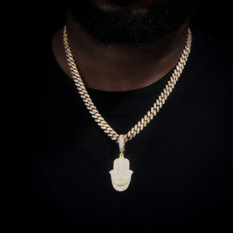 Eye Of Fatima | Solid Sterling Silver Moissanite Diamond Hamsa Hand Iced Blinged Out Pendant