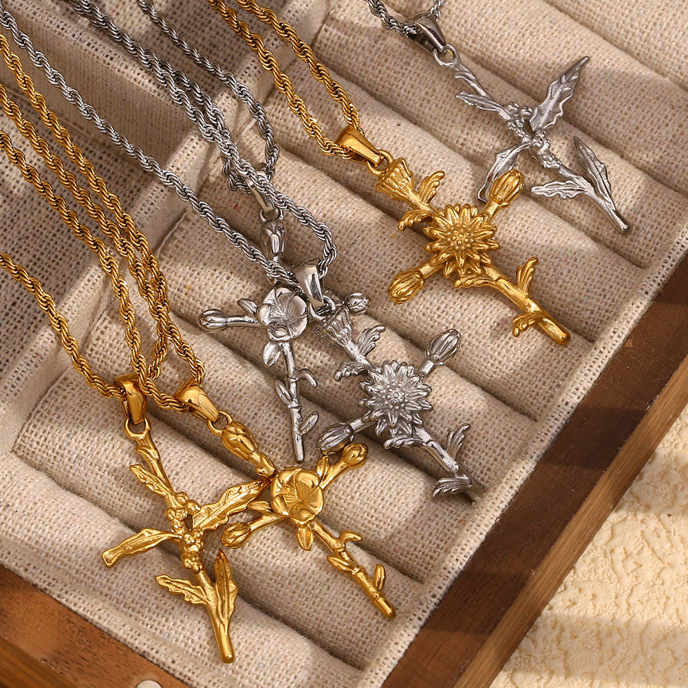 Women's 18k Gold Waterproof Designer Birth Month Flower Cross Tarnish Free Necklace