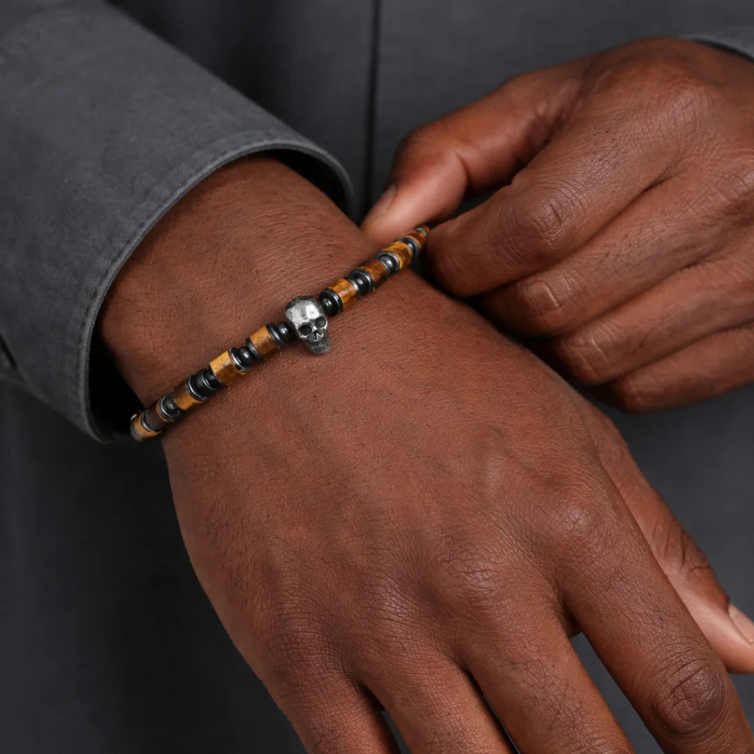 Secret Society II | Men's Natural Stone Beaded No Fade Stainless Steel Skull Bracelet