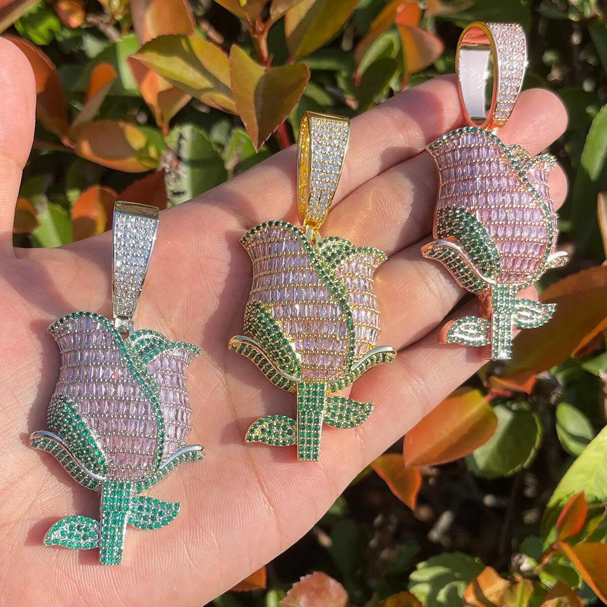 Beautifully Detailed Baguette & Round Stone Prong Set Rose Pendant Chain Necklace