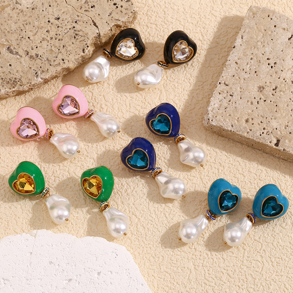 Women's 18k Gold Stainless Steel Baroque Style Imitation Pearl Colorful Drip Oil Earrings