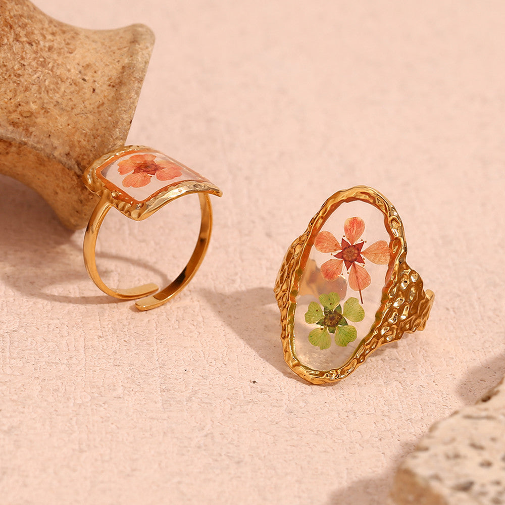 Ladies 18k Gold Stainless Steel Adjustable Waterproof Oval Sweet Flower Ring