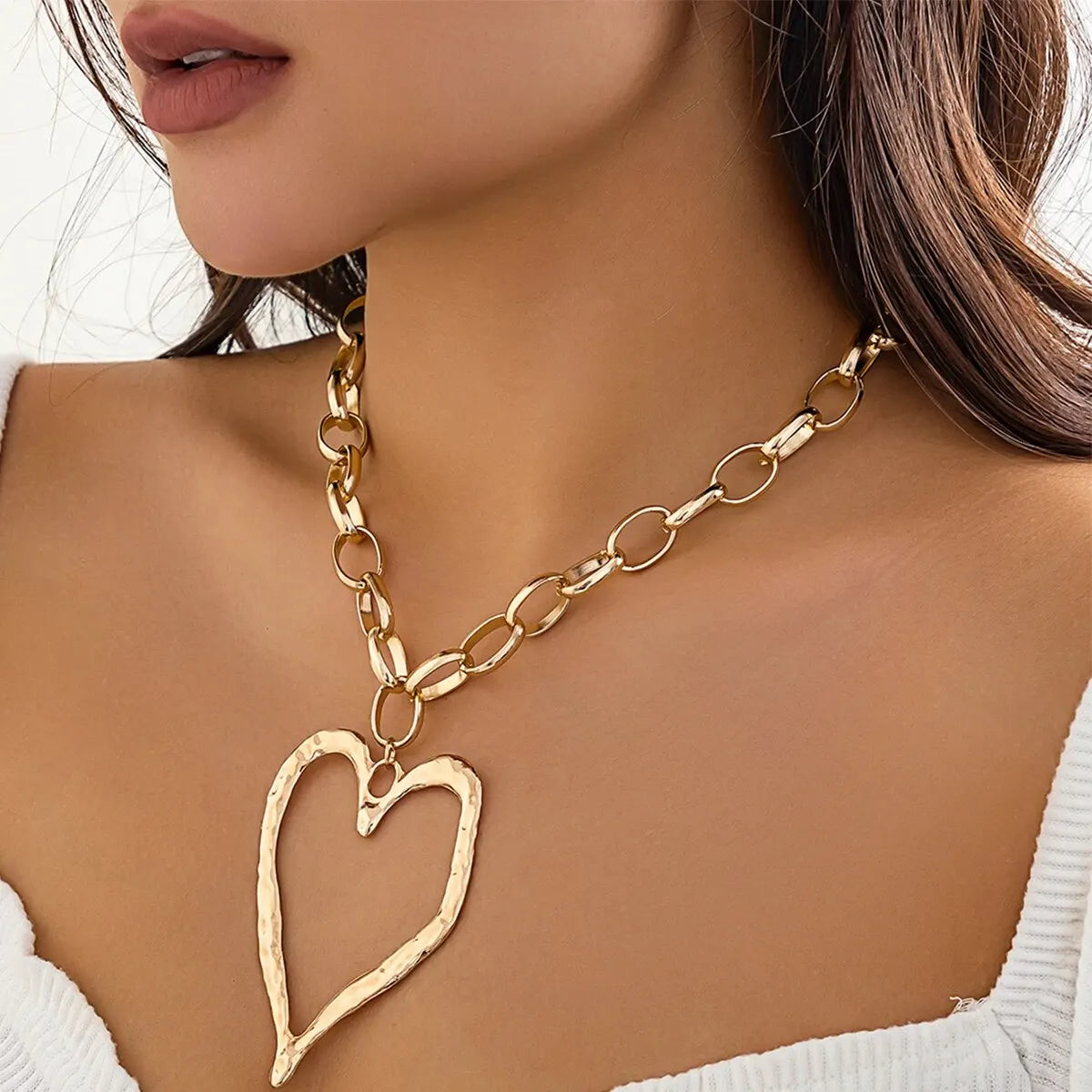 Ladies Big Heart Big Love Hip Hop Thick Rolo Link Pendant Chain Necklace