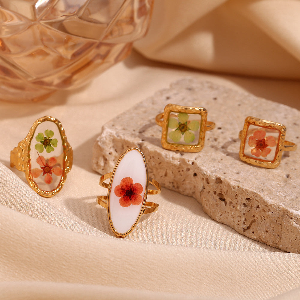 Ladies 18k Gold Stainless Steel Adjustable Waterproof Oval Sweet Flower Ring