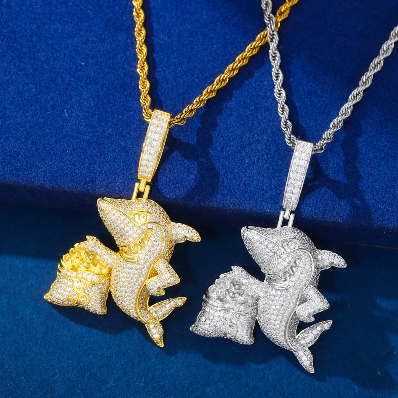 Hustler Shark | 925 Sterling Silver Iced Blinged Out Out Moissanite Shark Money Bag Pendant
