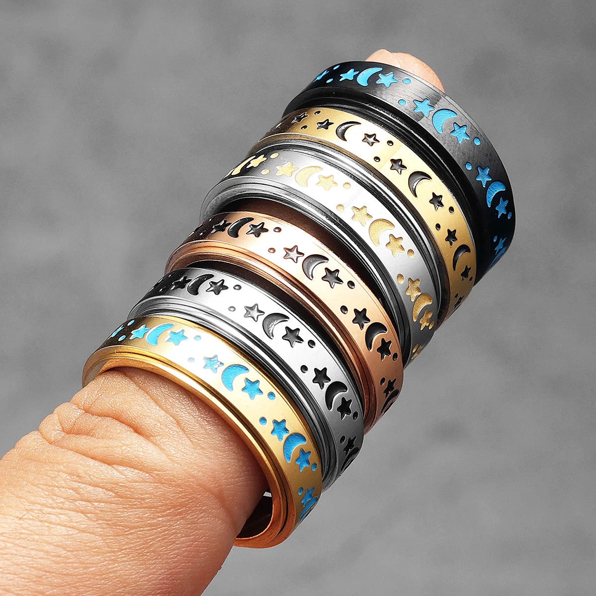 The Night Sky | 316L Stainless Steel Stars Moon Luminous Glowing Rotatable Rings