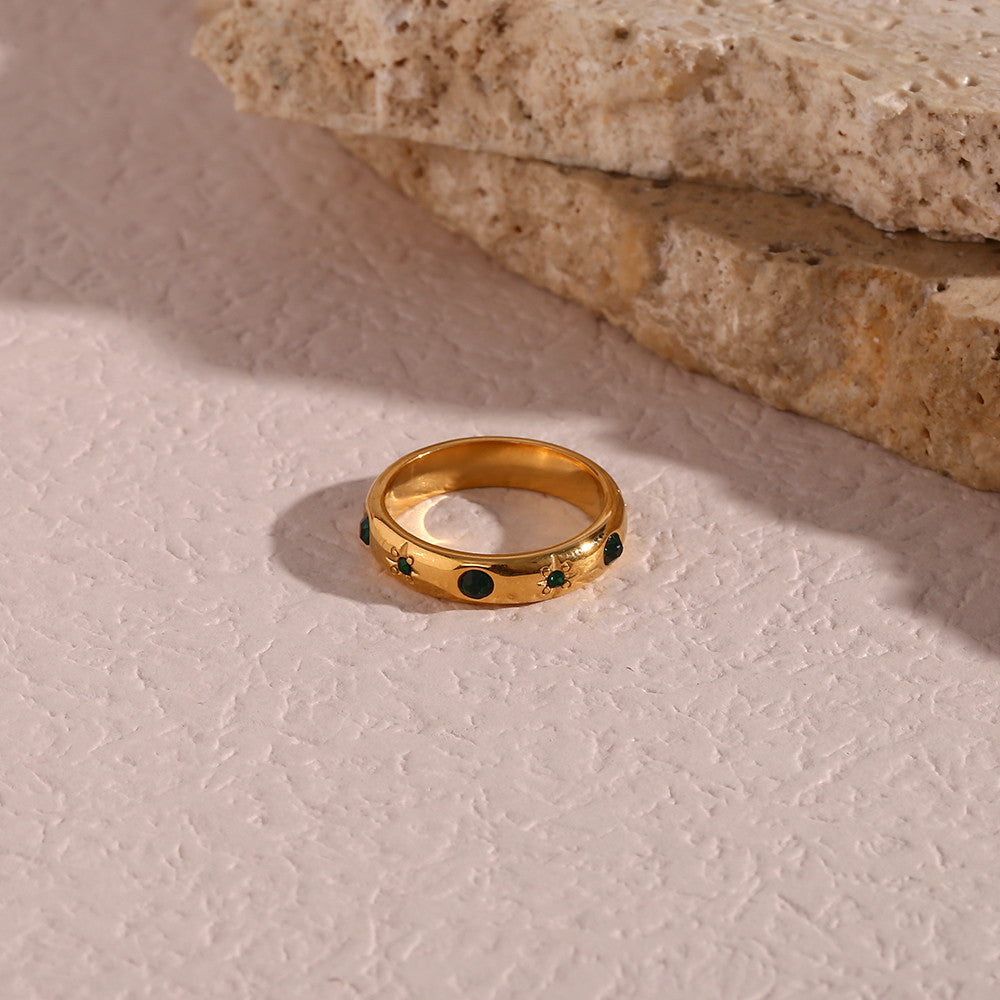 Women's 18K Gold Over Stainless Steel Green Zircon Waterproof Pearl Rings