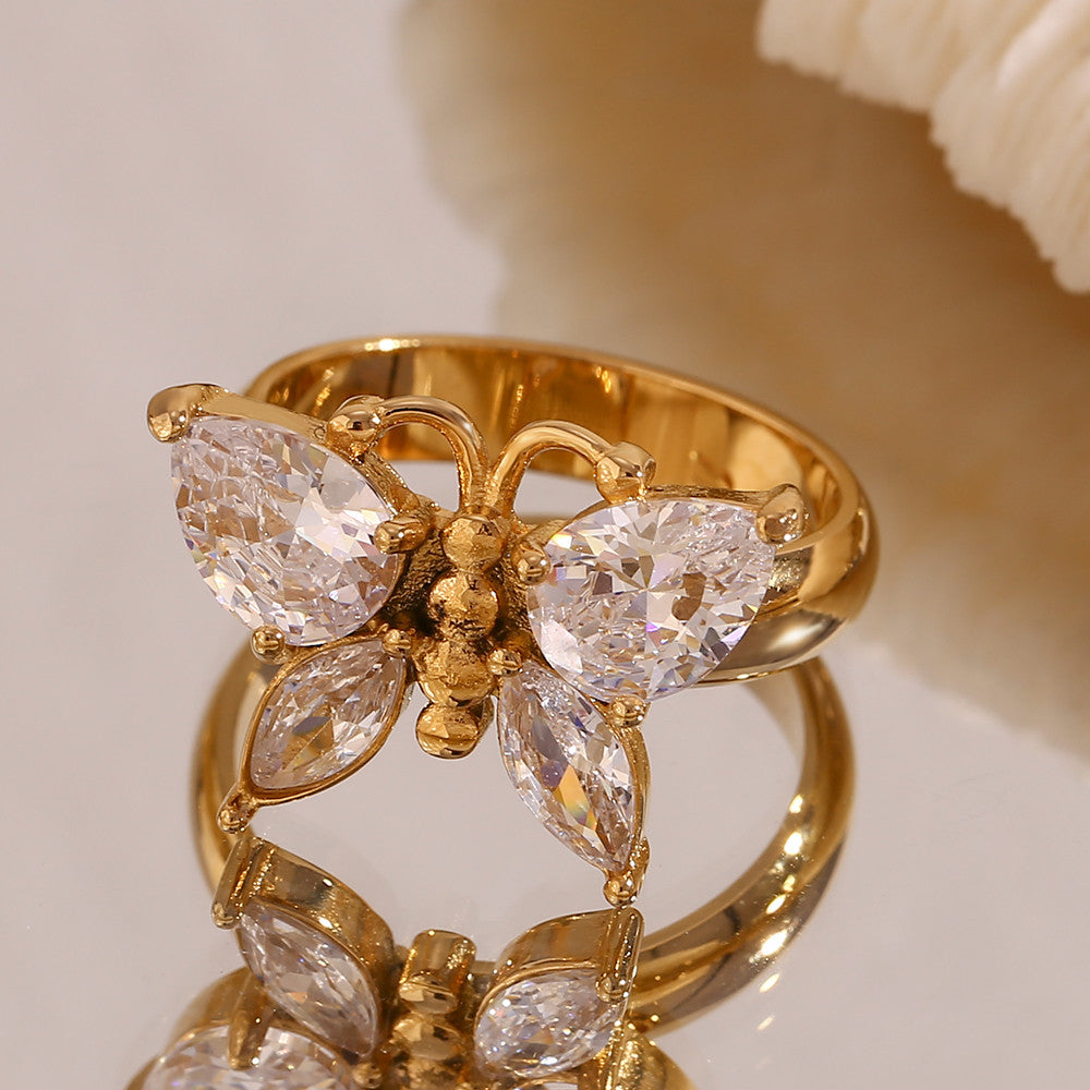 Women's Casting Clear CZ 18k Gold Waterproof Tarnish Free Butterfly Ring