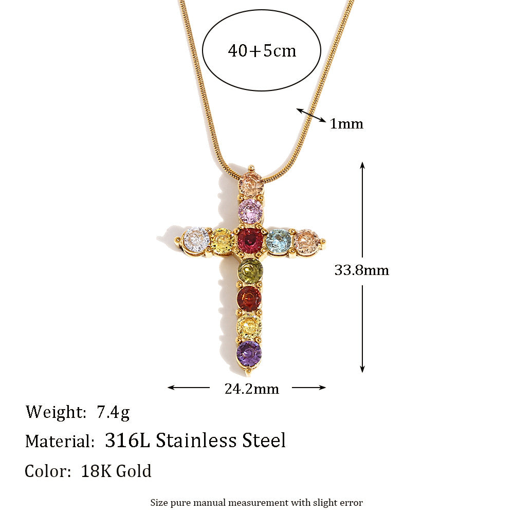 18k Gold Stainless Steel Luxury Colored CZ Cross Pendant Bling No Tarnish Women's Necklace