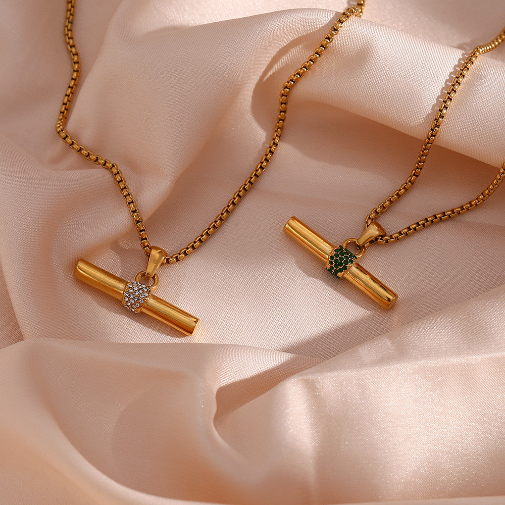 Stainless Steel Green CZ T Bar Pendant Square Pearl 18k Gold Hip Hop Chain Necklace