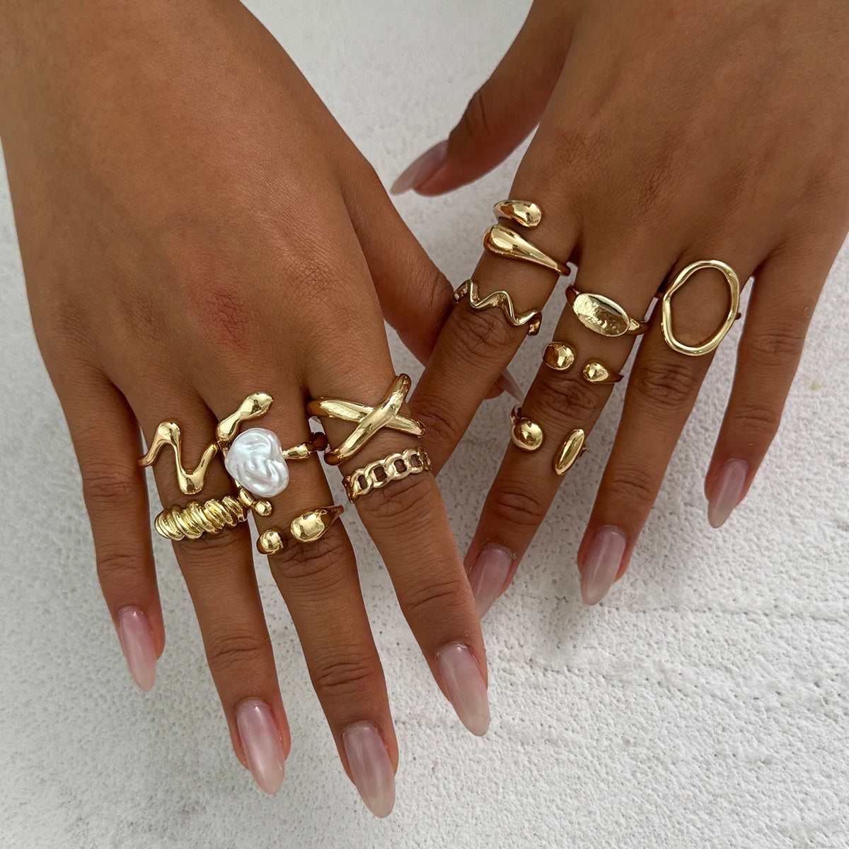 Ladies High Fashion Gold 12 Piece Tear Drop Vintage Ring Set