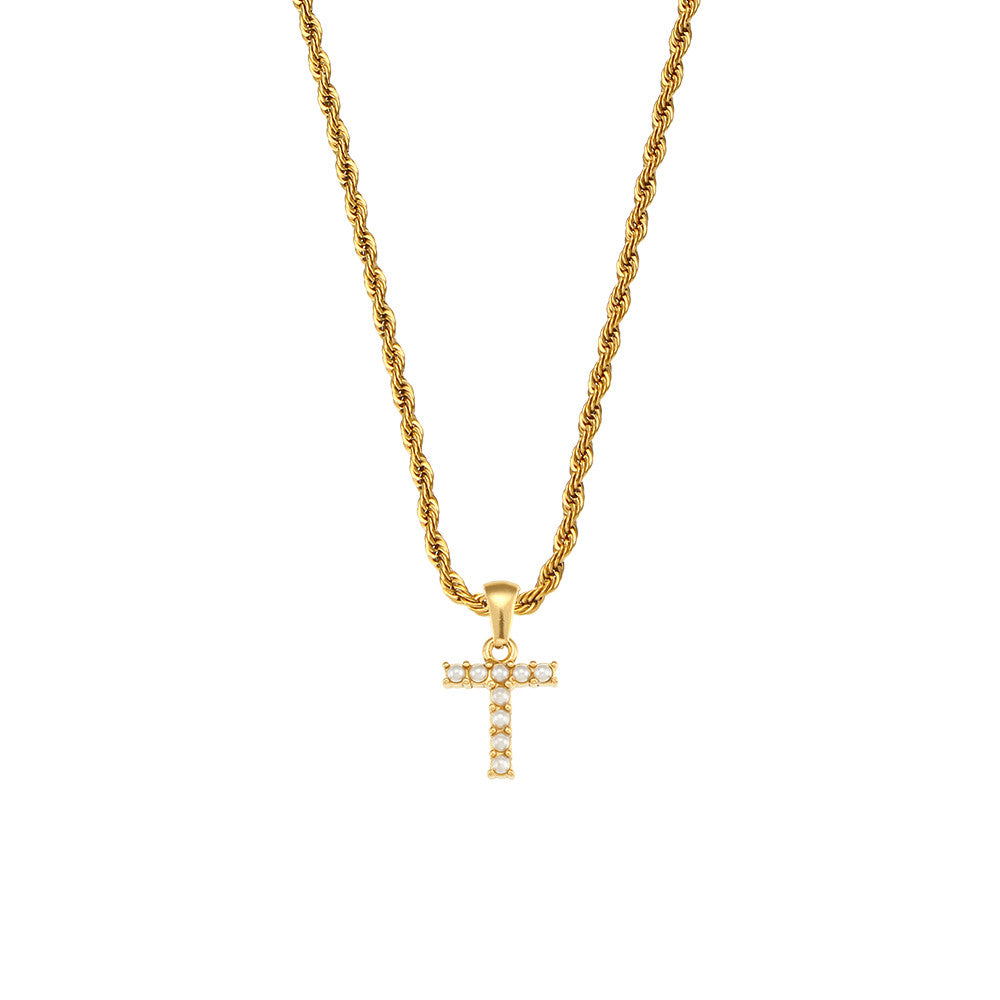 18k Gold No Fade Stainless Steel PVD Tarnish Free Elegant Pearl Letter Necklace