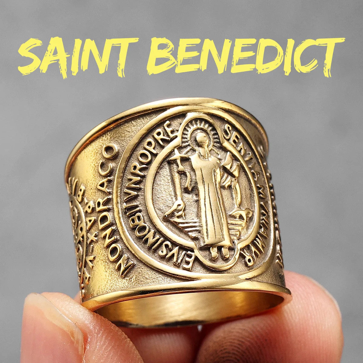 Saint Benedict | 14k Gold Over Solid No Fade Stainless Steel Exorcism Amulet Men Ring