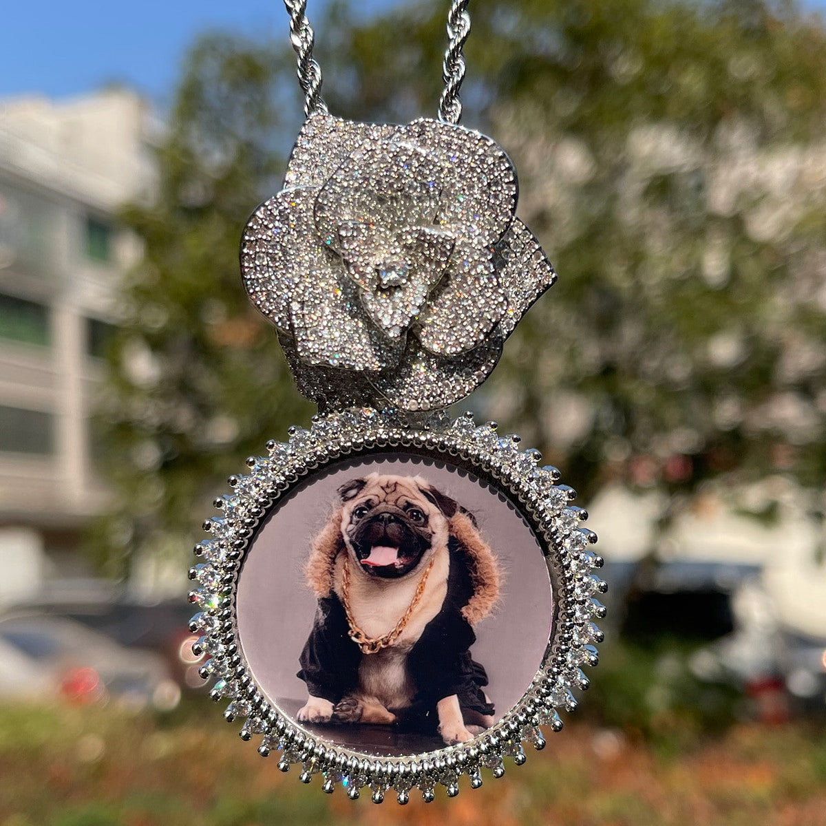 Custom Made Rose Heart Bail Prong Set Stone Photo Picture Pendant Chain Necklace