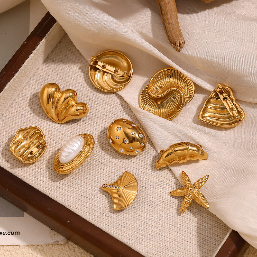 18k Gold Moon Starfish Imitation Pearl Heart Shell Stainless Steel Brooches