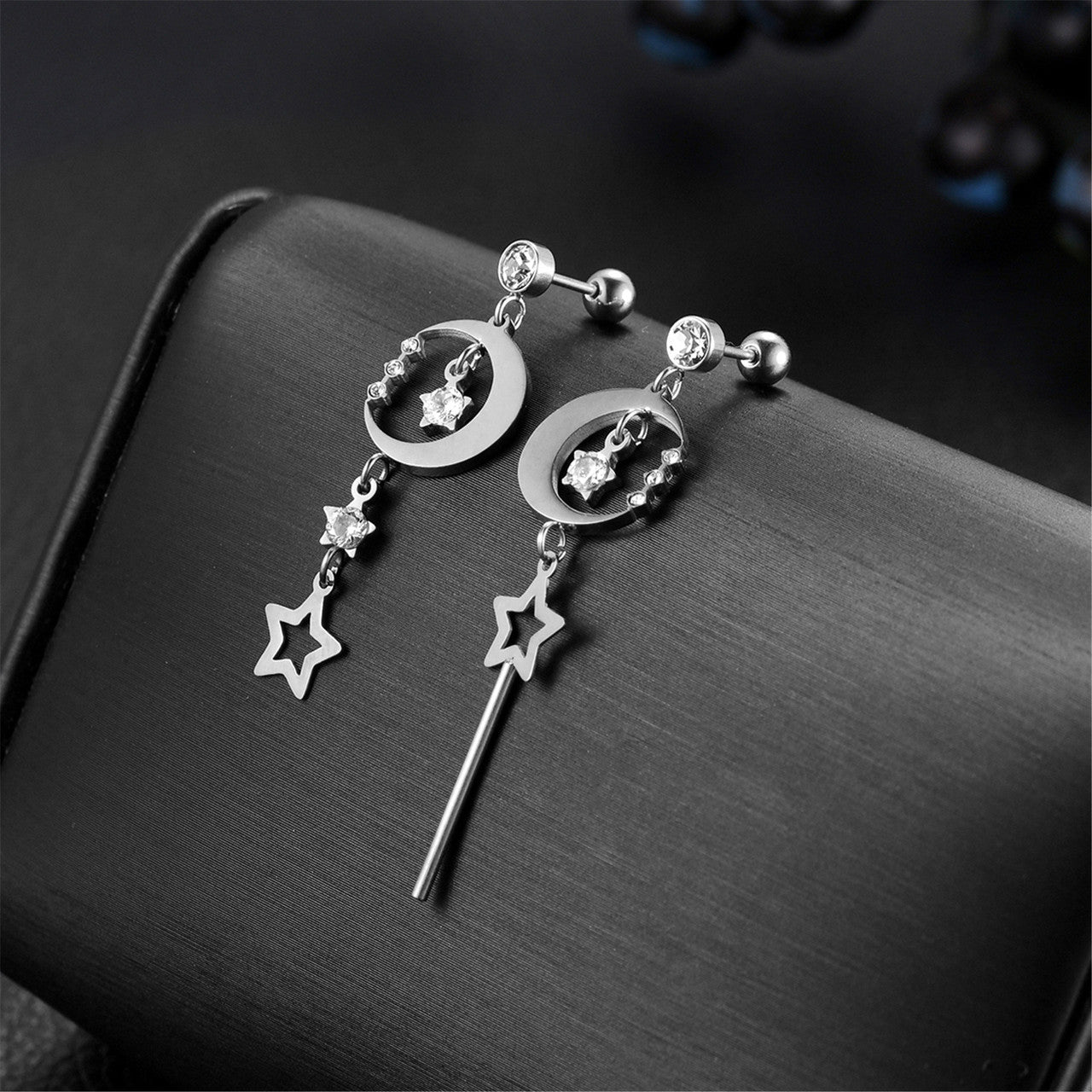 Stainless Steel Moon Star Dangling 14k Gold Silver Bling Earrings
