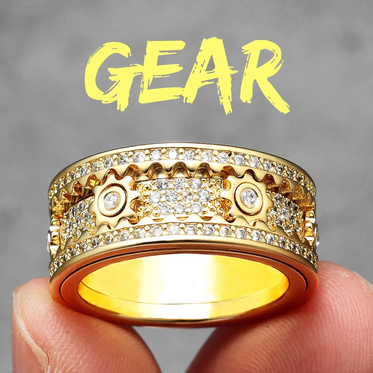 Rotating Gems | Iced Blinged Out Spinning Gears Gemstone No Fade Stainless Steel Rings