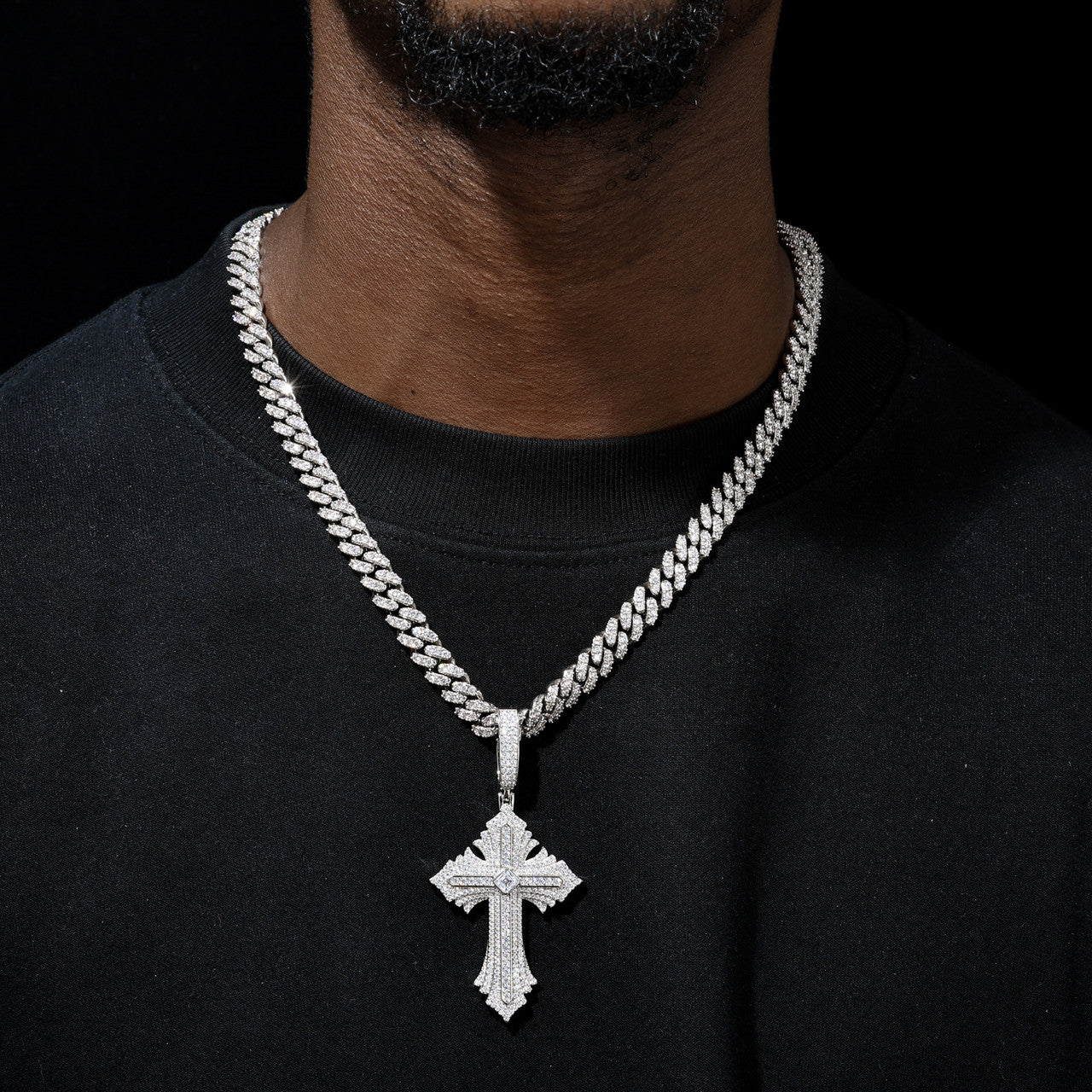 Radiance | Solid Silver Moissanite Diamond Radiant Cross Hip Hop Pendant Chain