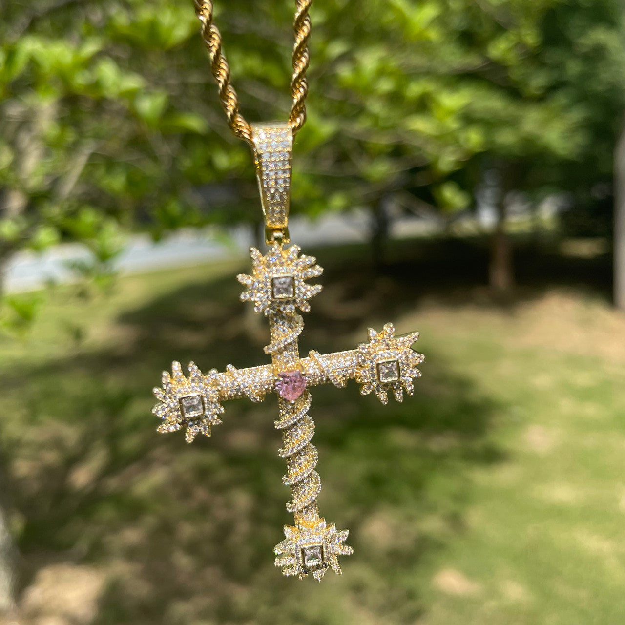 Pink Passion | Prong Set Center Stone Heart Cross Iced Pendant Necklace