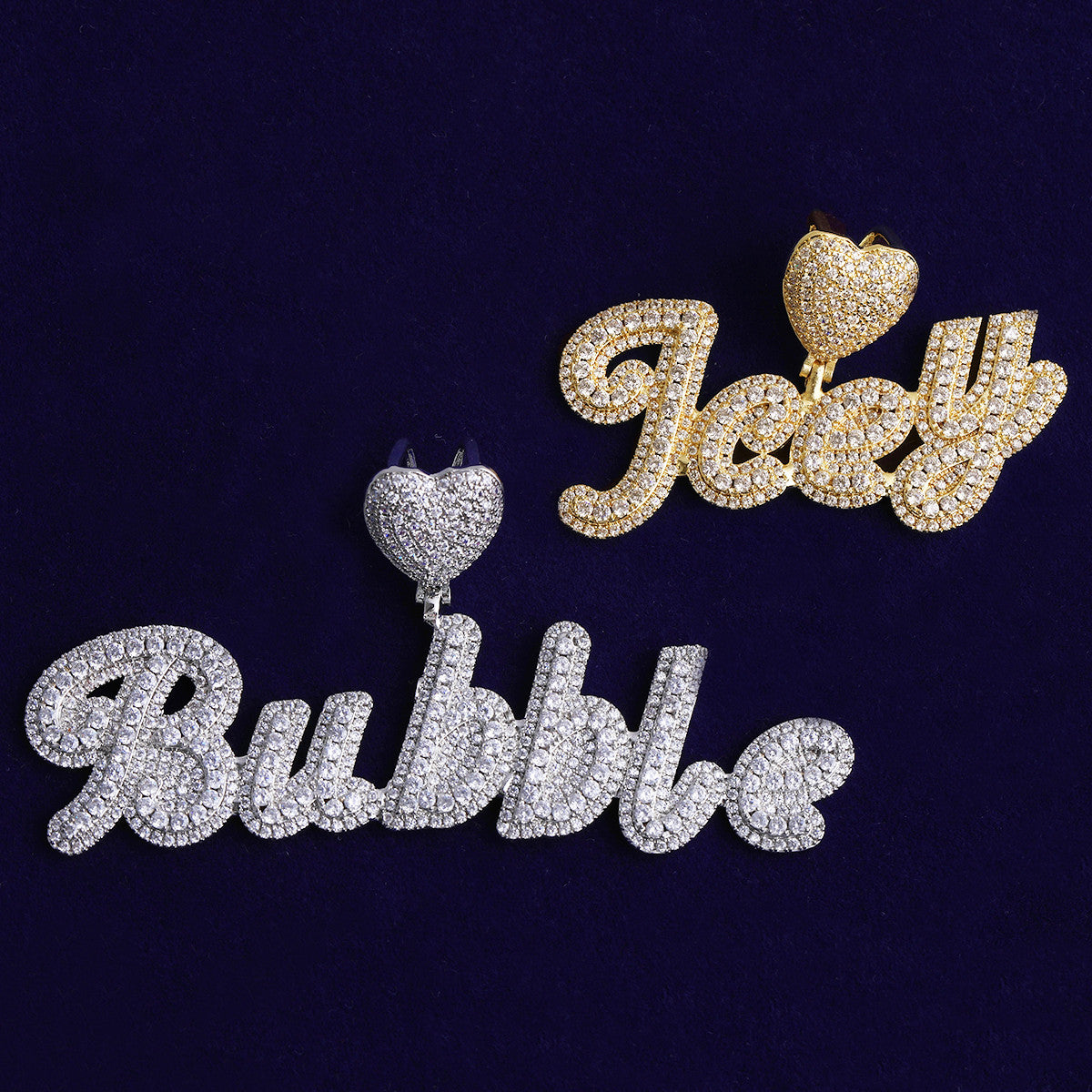 Heart Bail | VVS Diamond CZ Cluster Stone 24k 925 Silver Rose Gold Script Name Plate Pendant