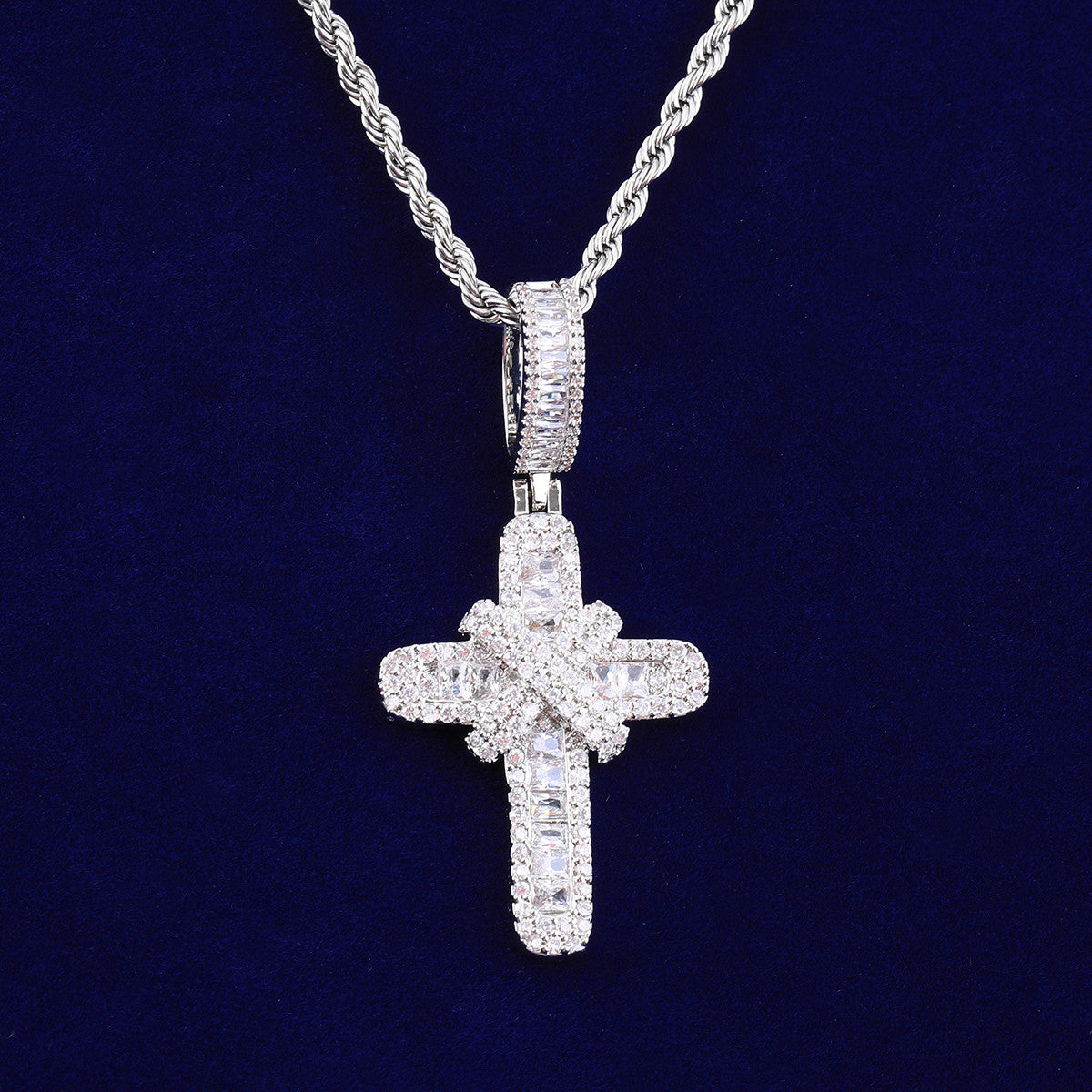 Ribbons of Ice | VVS Diamond CZ Baguette Cut Ribbon Cross Iced Blinged Out Pendant