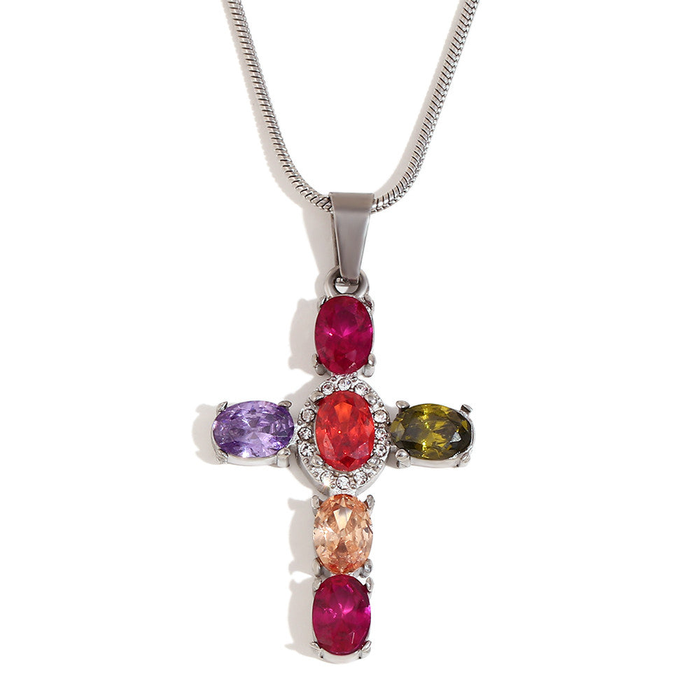 18k Gold Stainless Steel Luxury Colored CZ Cross Pendant Bling No Tarnish Women's Necklace