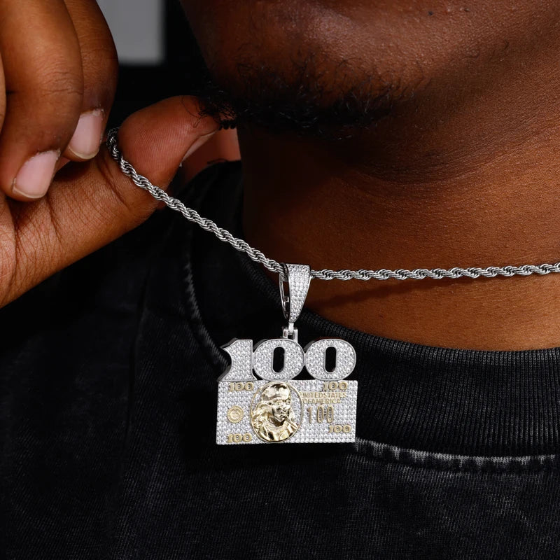 Keep It 100 | Iced Blinged Out Moissanite Diamond 925 Sterling Silver 100 Dollar Pendant