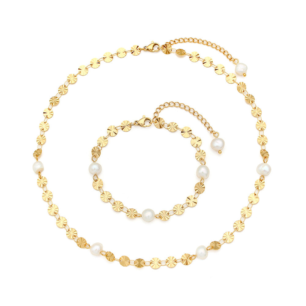 18k Gold Elegant Freshwater Pearl Water Resistant Flower Sequins Necklace Bracelet Set