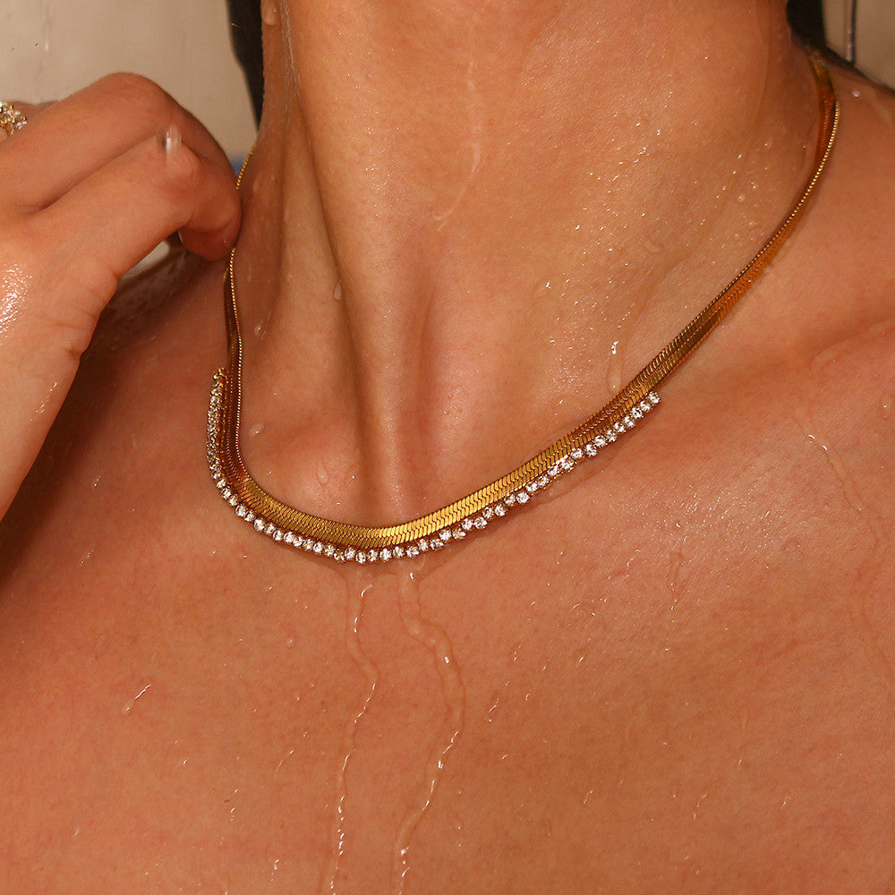 VVS Herringbone | Women's 18k Gold over Stainless Steel Diamond CZ Herringbone Chain Necklaces