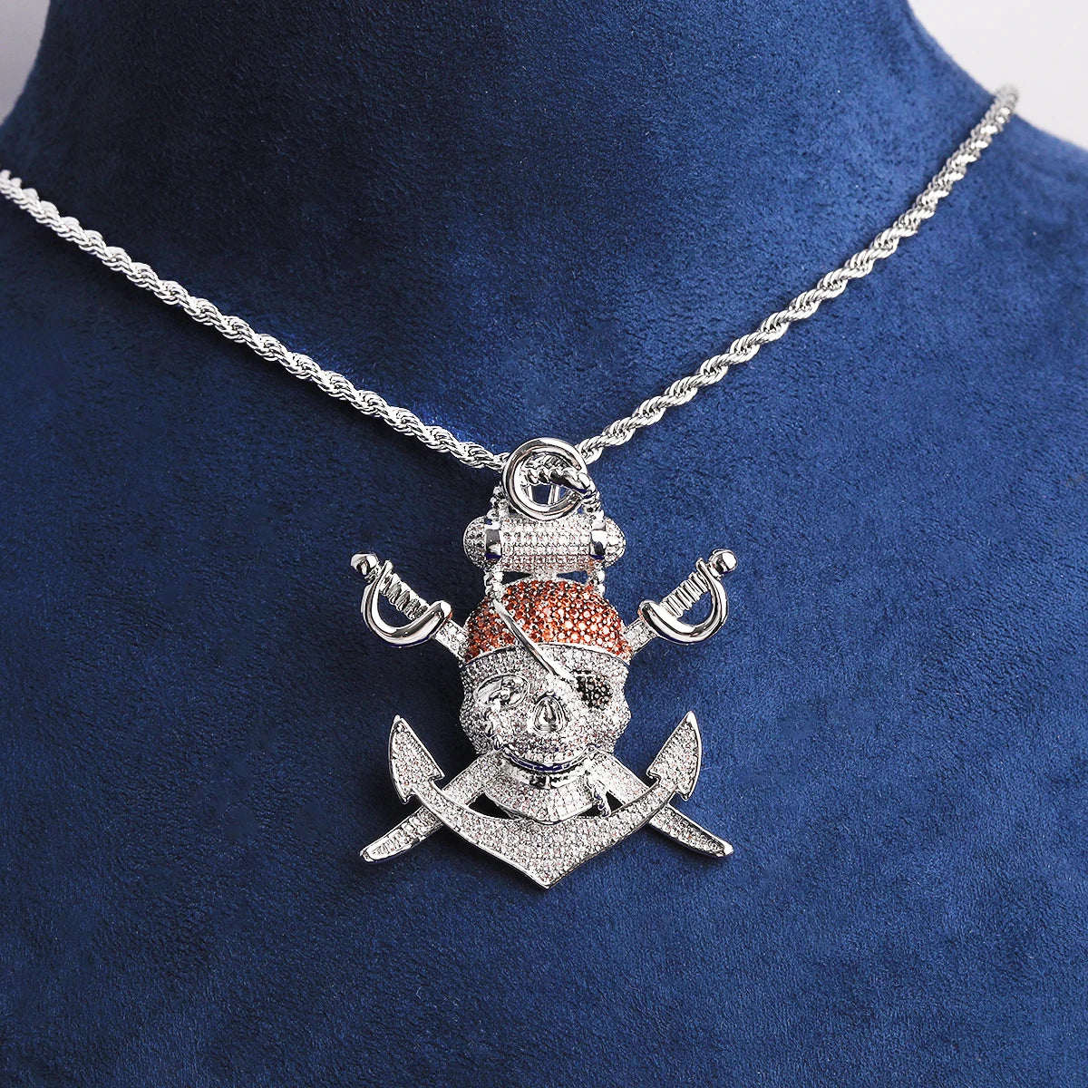 One Eyed Willie | VVS Diamond CZ Prong Set Pirate Skull Crossbones Anchor Pendant