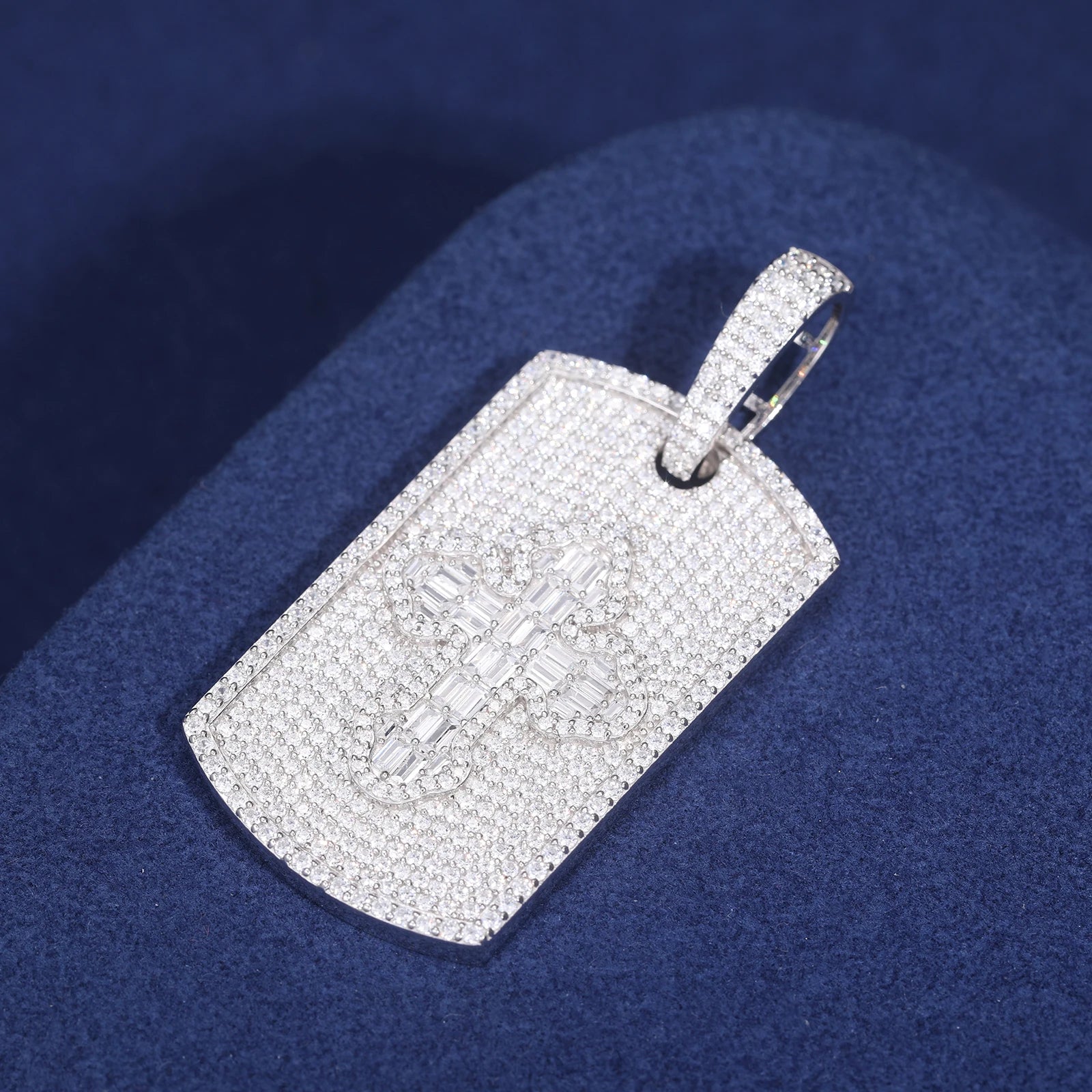 Tagged Baguette Cross | Moissanite Diamond Solid 925 Silver Hip Hop Dogtag Pendant
