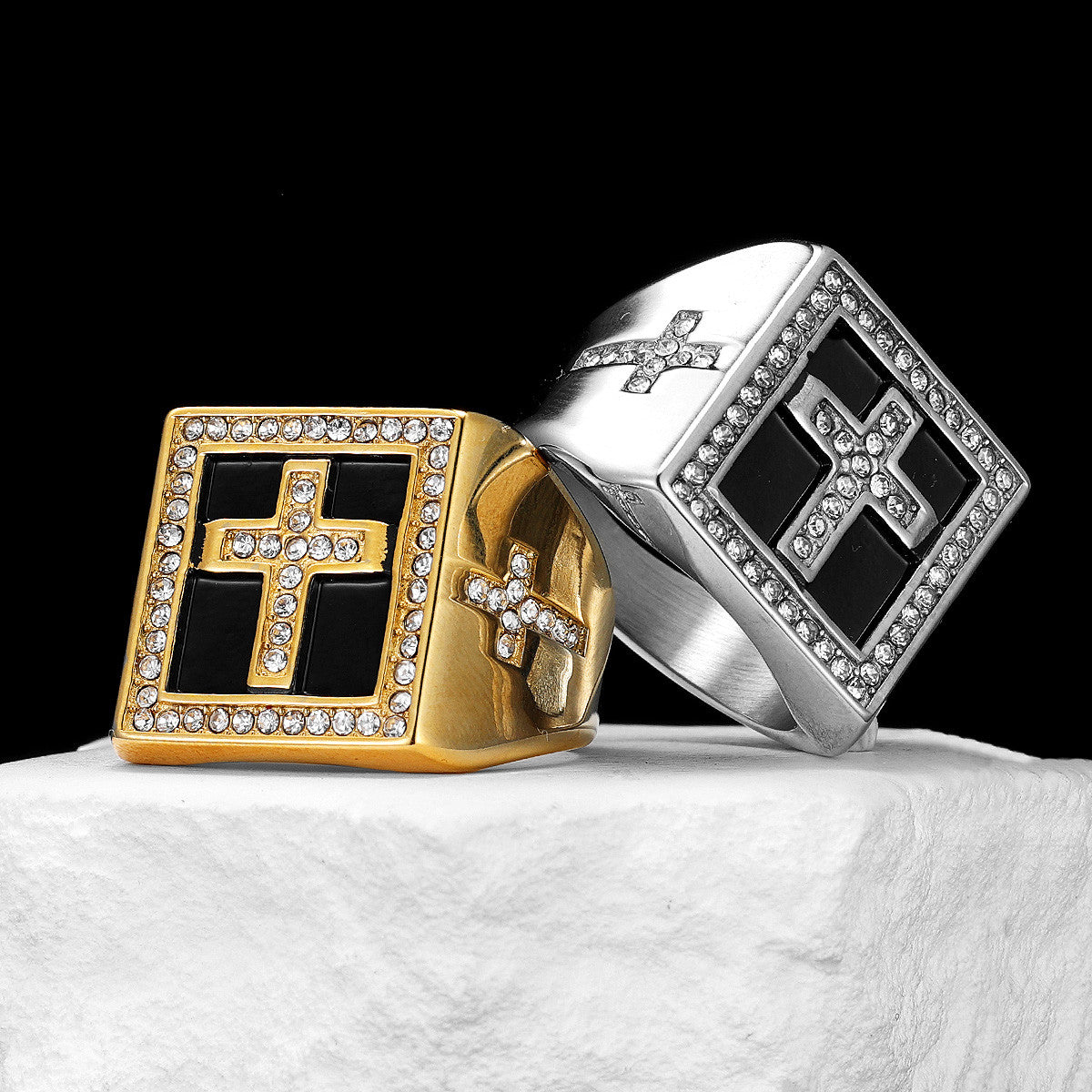 Iced Cross | 14k Gold over No Fade Stainless Steel Hip Hop Cross Blinged Out Rings