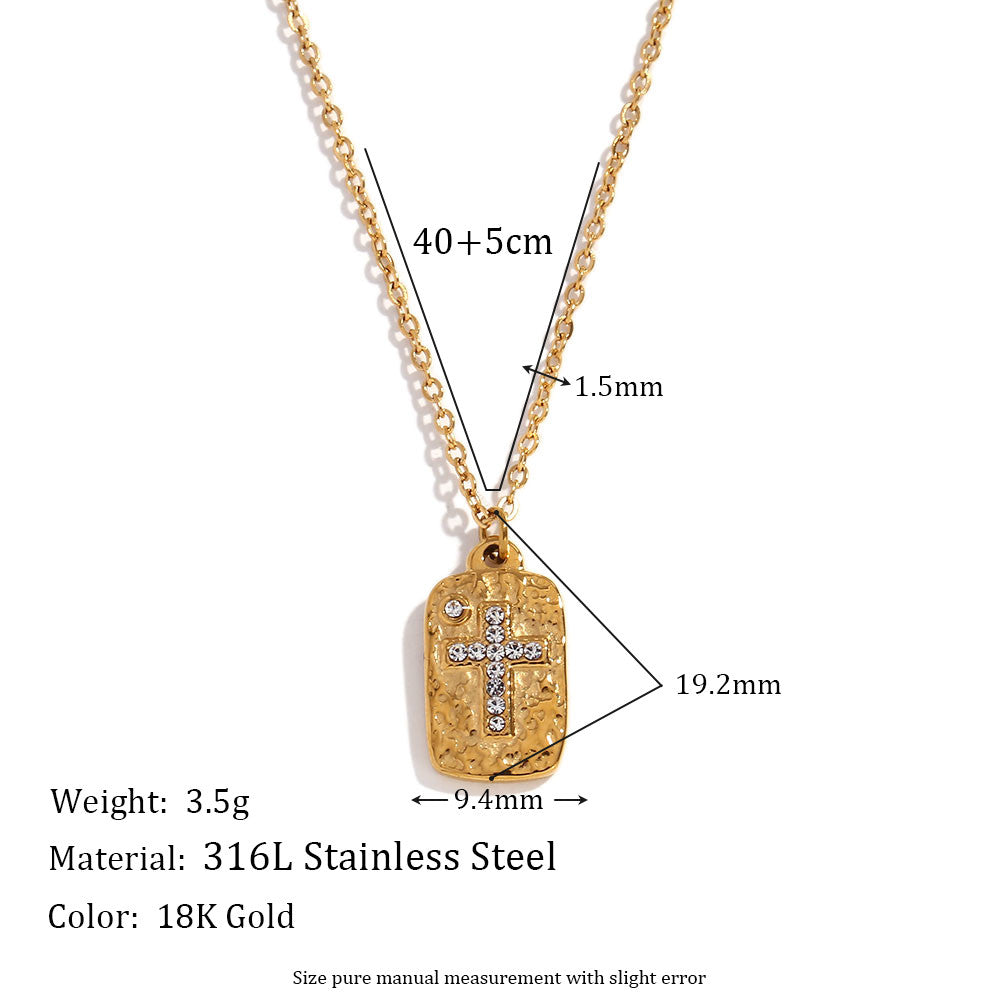 Women's CZ Cross Hammered Pattern Square Plate 18k Gold Waterproof Necklace