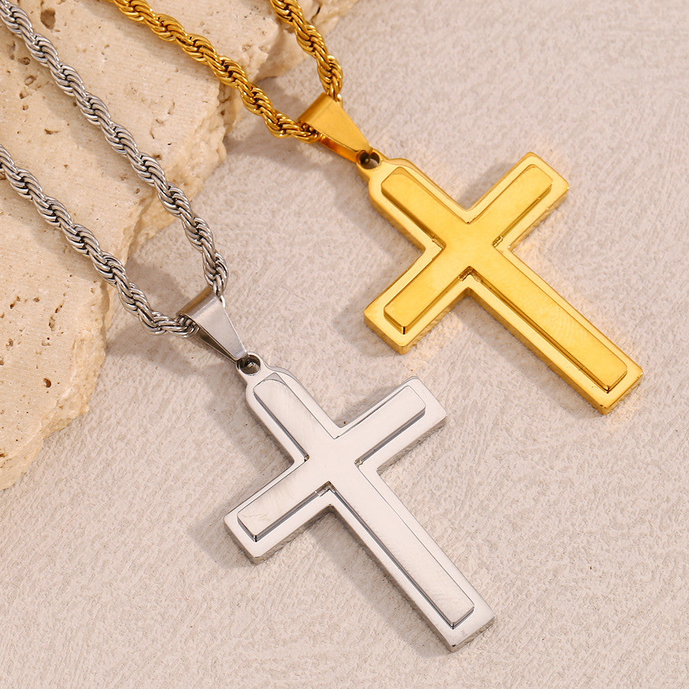 Waterproof Smooth Double Cross 18k Gold Silver Stainless Steel Rope Chain Pendant