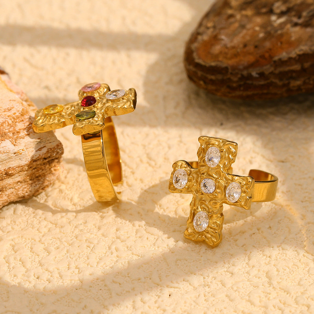 Womens Luxury 18k Gold Multicolor CZ Stainless Steel Waterproof Cross Ring