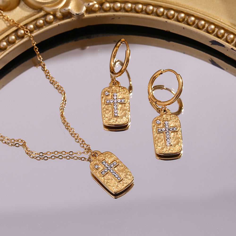 Women's CZ Cross Hammered Pattern Square Plate 18k Gold Waterproof Necklace