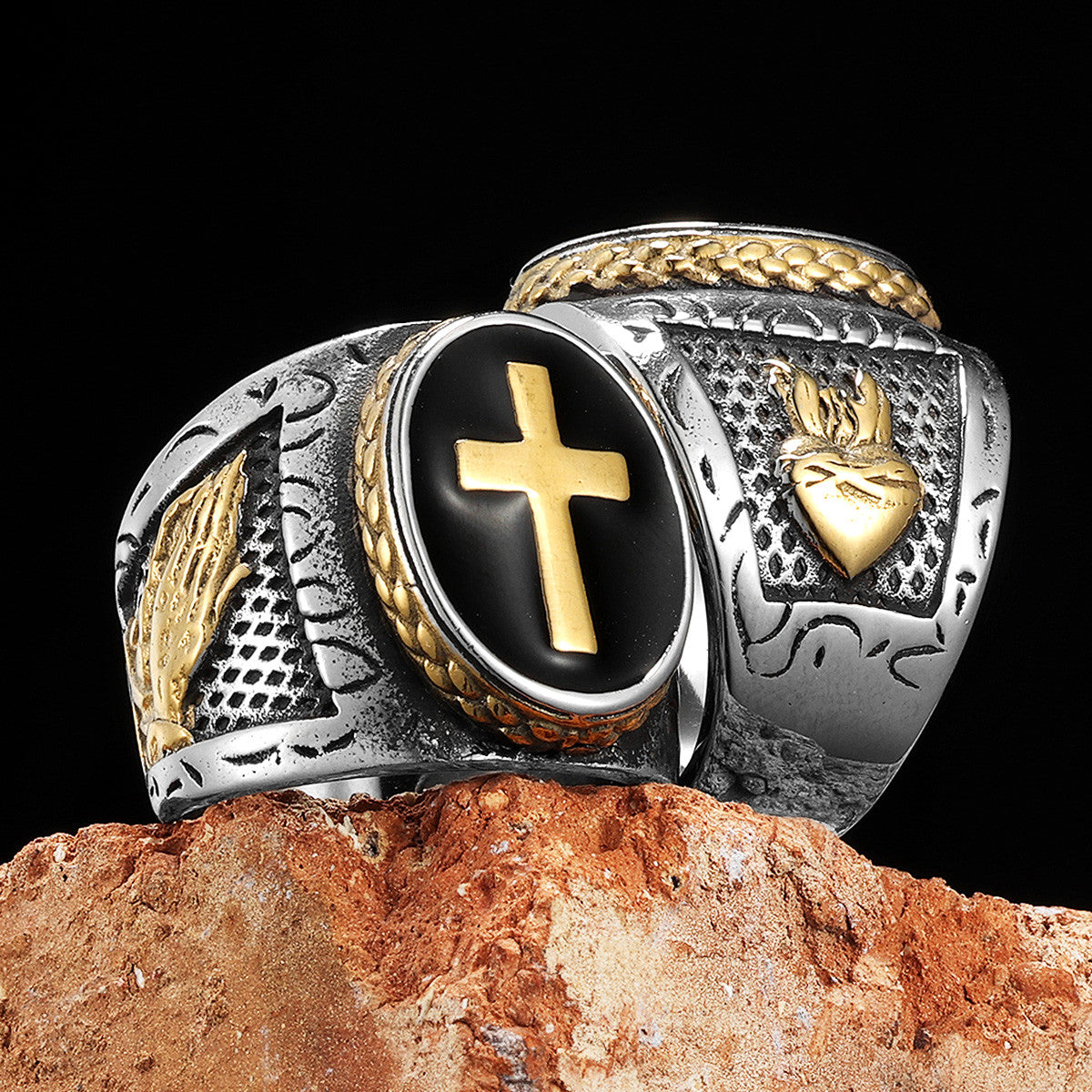Praying Hands | 14k Gold over Solid Stainless Steel Cross Jesus Heart Men's Rings