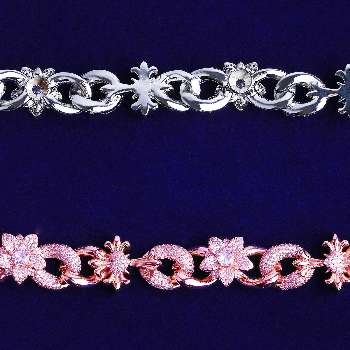 Fleur De Lis Cross | VVS Diamond CZ Flower Cross Hip Hop Cuban Link Bracelet