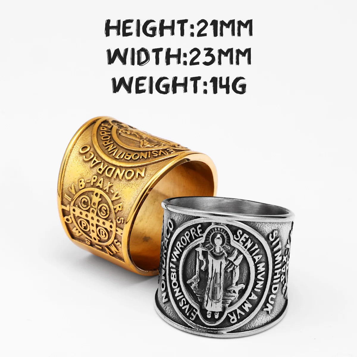 Saint Benedict | 14k Gold Over Solid No Fade Stainless Steel Exorcism Amulet Men Ring